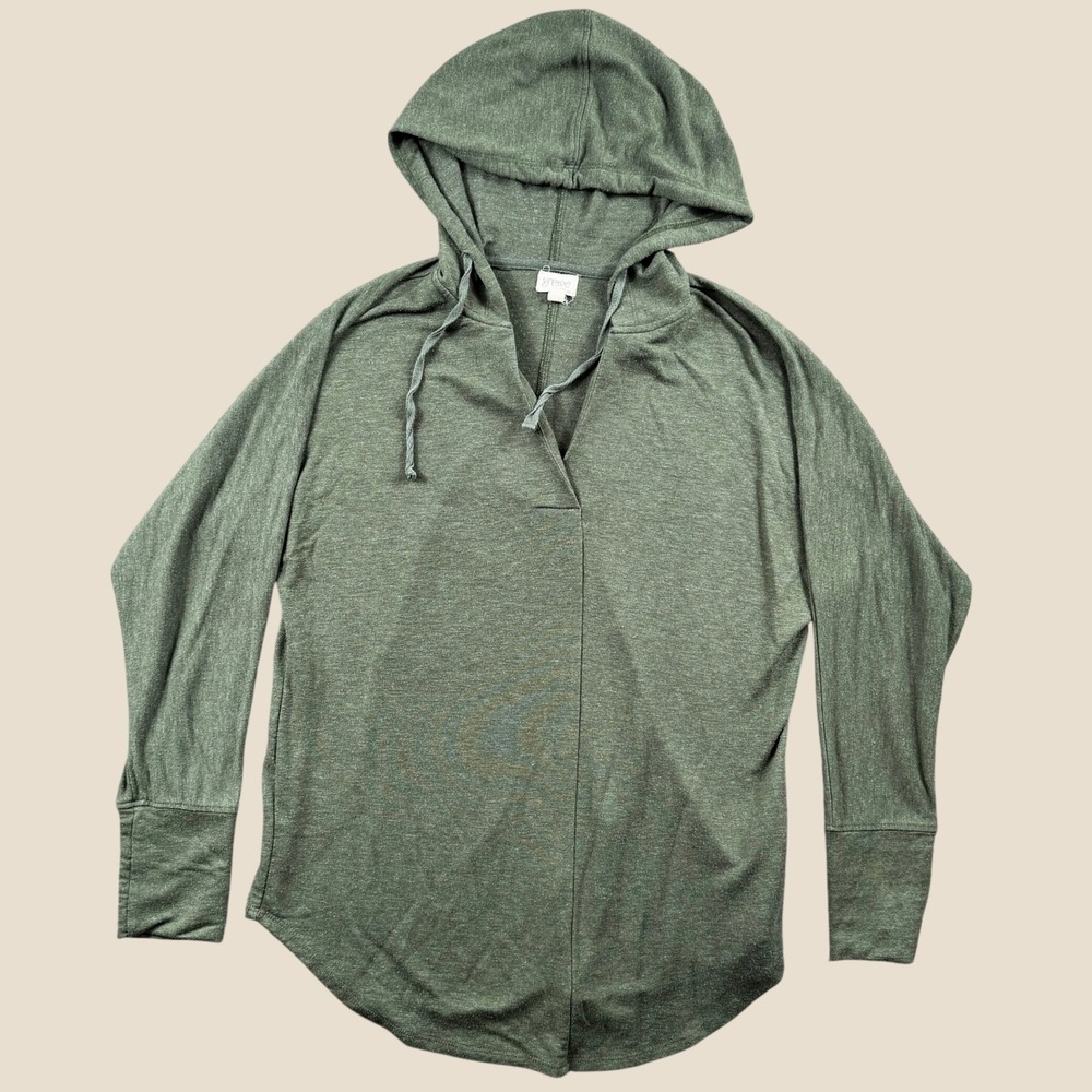 Greige Hoodie Top Women M Olive Green Split V Neck Drawstring Soft Casual Top